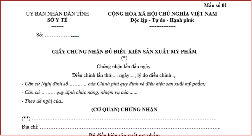 Mẫu giấy chứng nhận đủ điều kiện sản xuất mỹ phẩm
